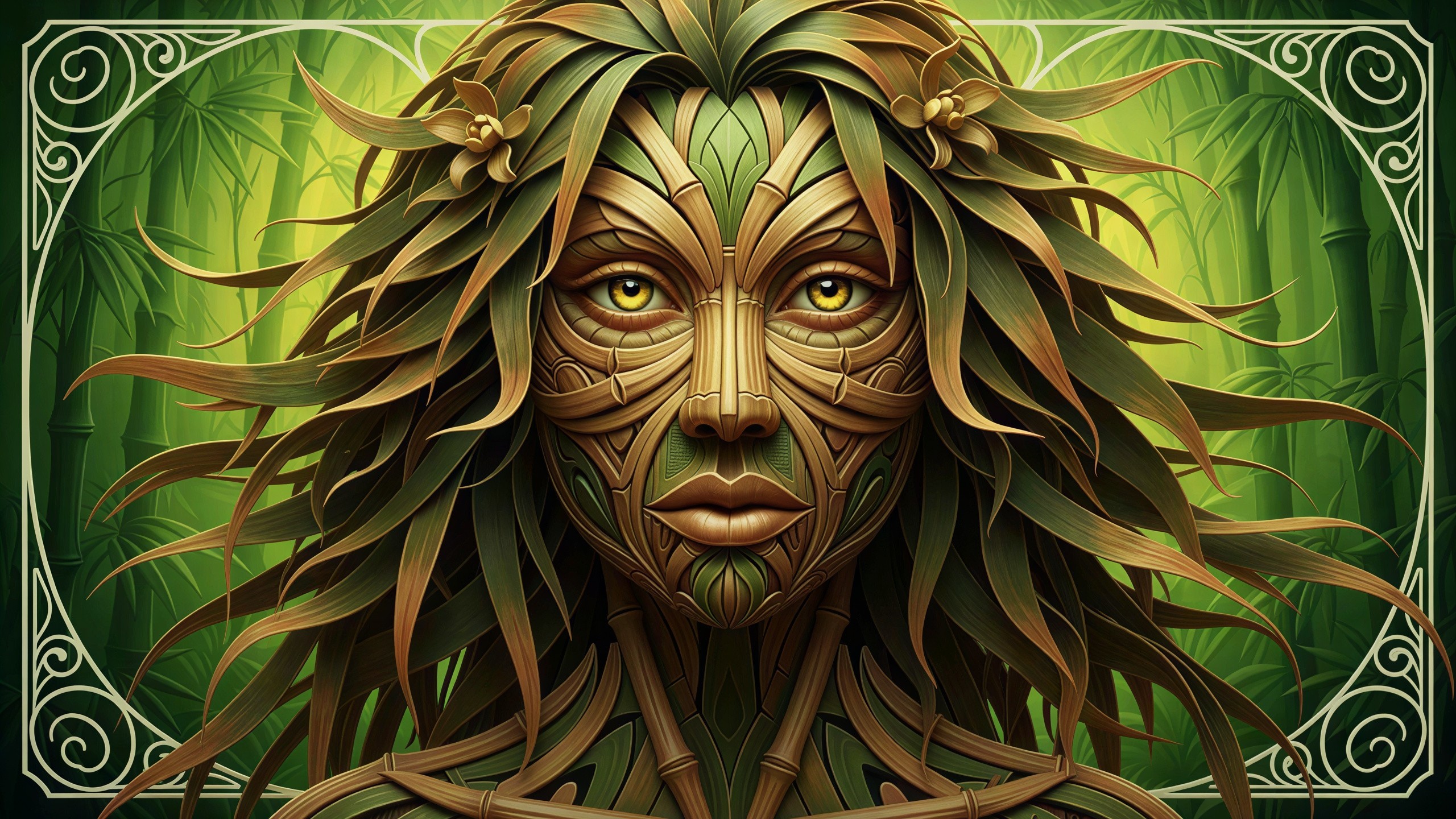 Digital Painting of a Woman's Face in Bamboo Elements