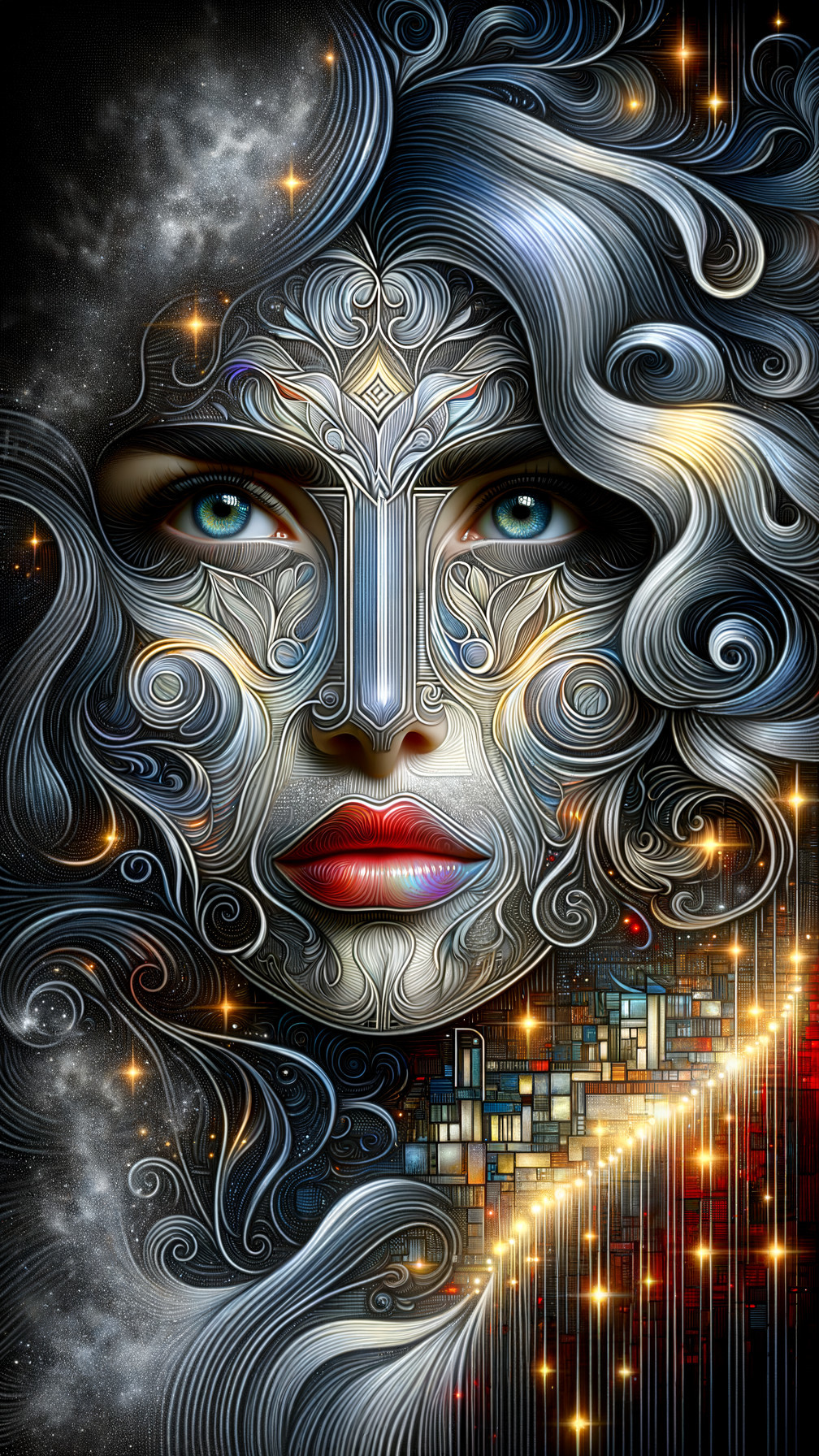 Intricate Face Design with Cosmic Patterns and Cityscape