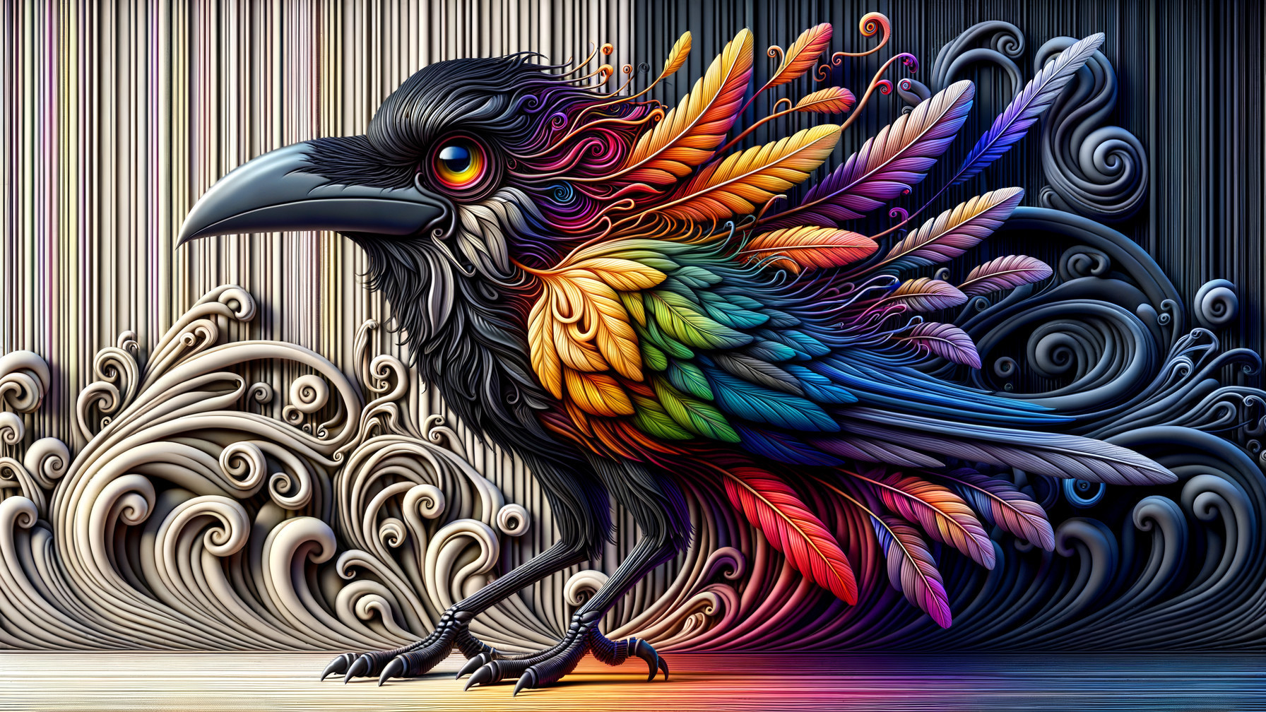 Vibrant Crow Against Colorful Swirling Backdrop