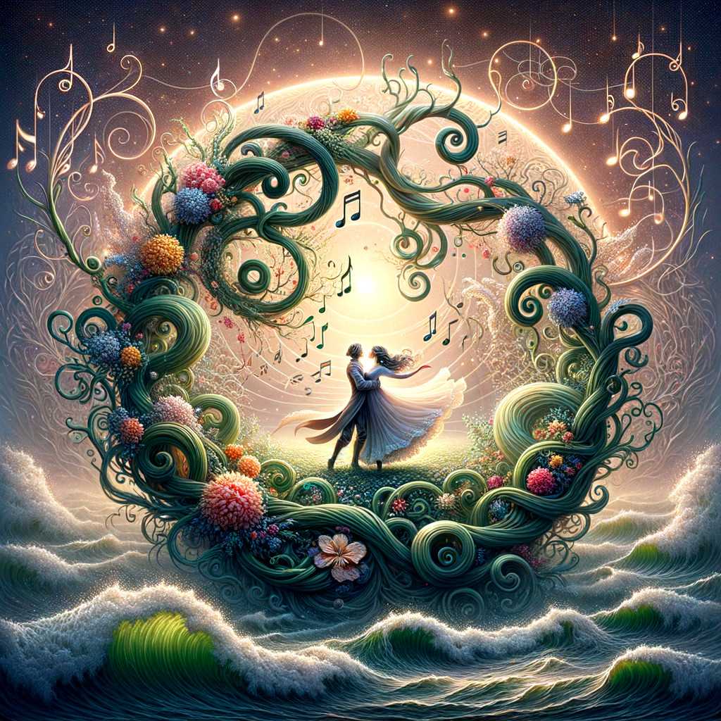 Couple Dancing in a Moonlit Garden of Vines and Flowers