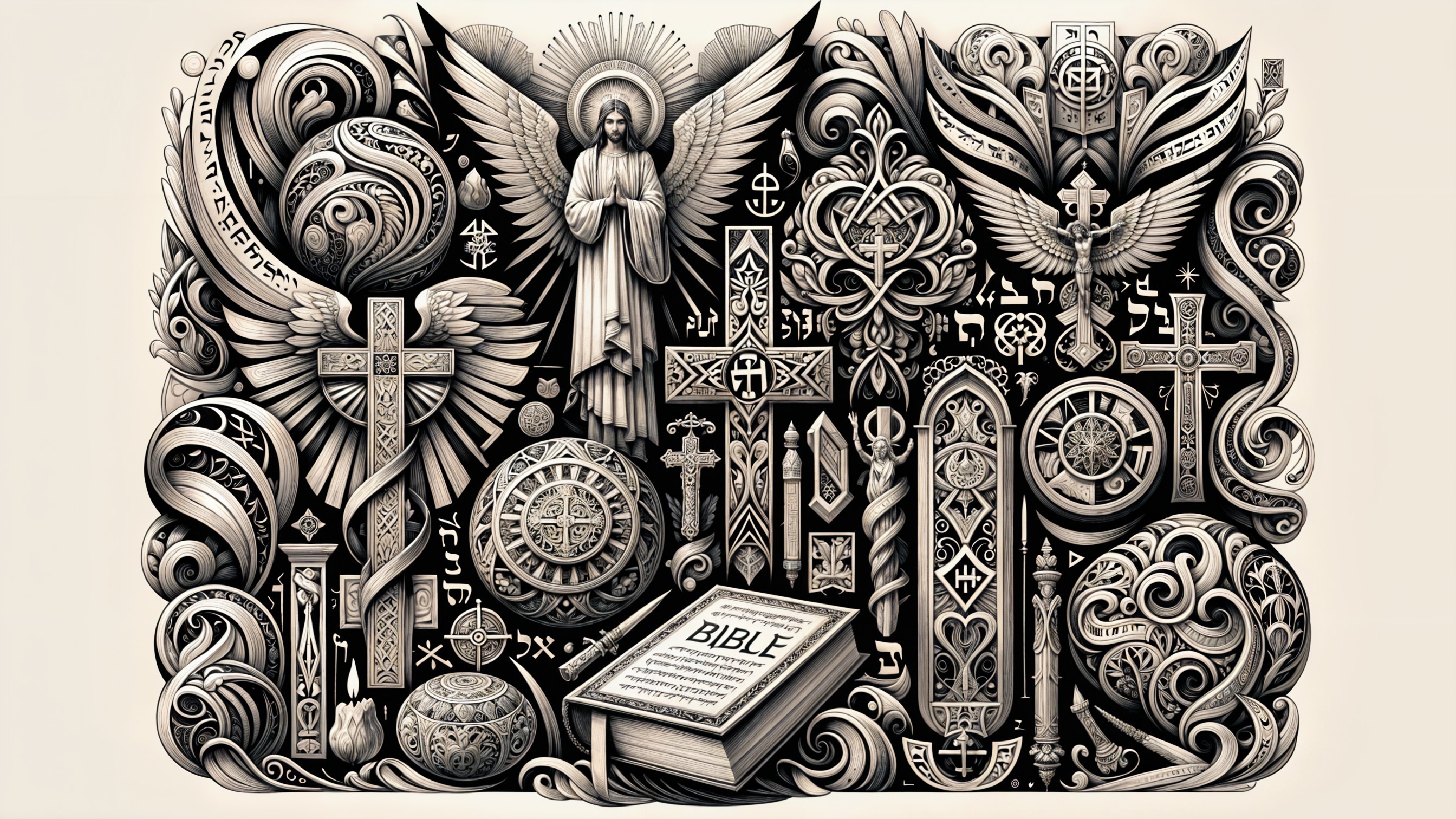 Collage of Christian Symbols with Open Bible and Patterns