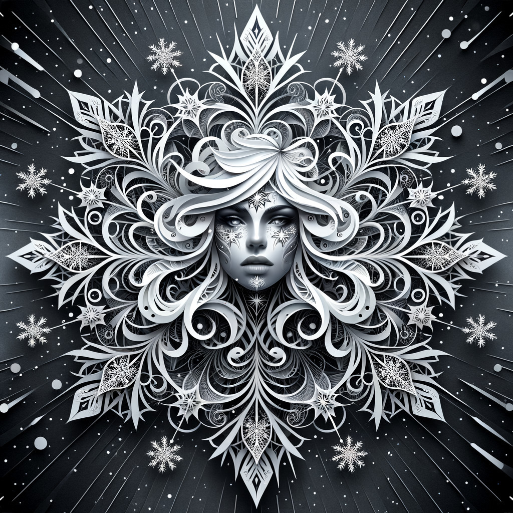 Monochromatic Design of Female Face with Foliage and Snowflakes
