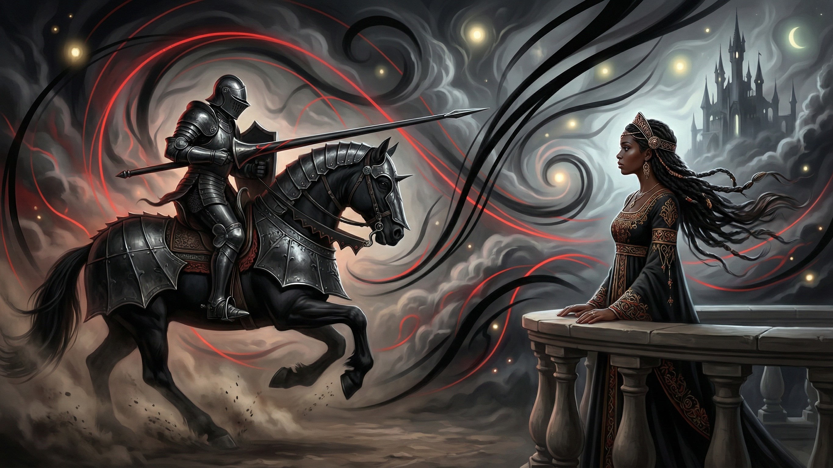 Knight in Dark Armor on Black Steed in Barren Landscape