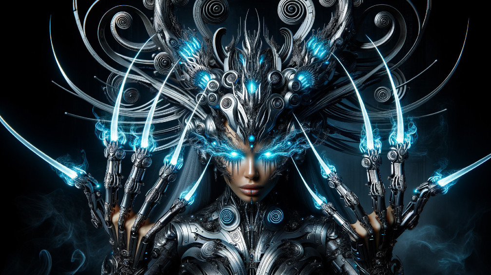 Futuristic cybernetic figure with glowing blue accents