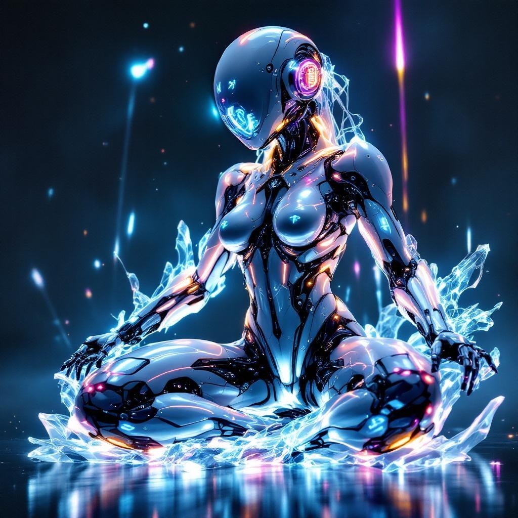 Futuristic Humanoid Robot in Meditative Pose with Crystals