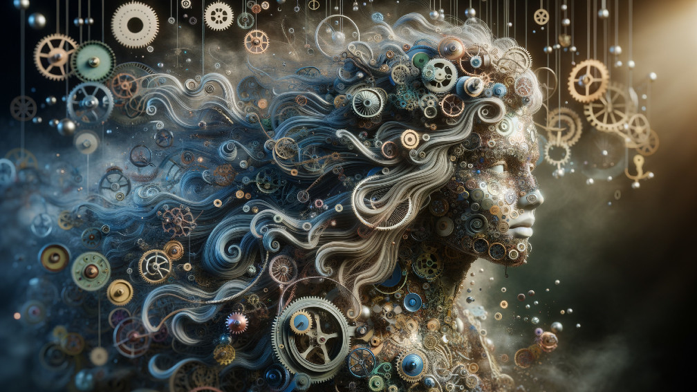 Surreal Woman Figure with Clockwork Hair and Haze
