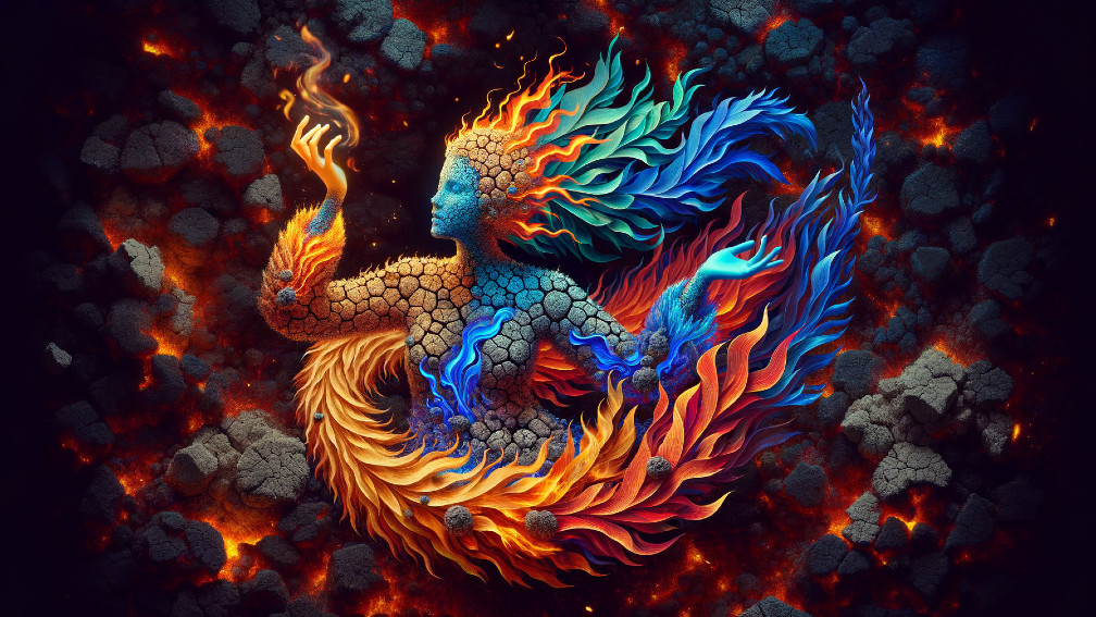 Ethereal figure in flames with textured skin and embers