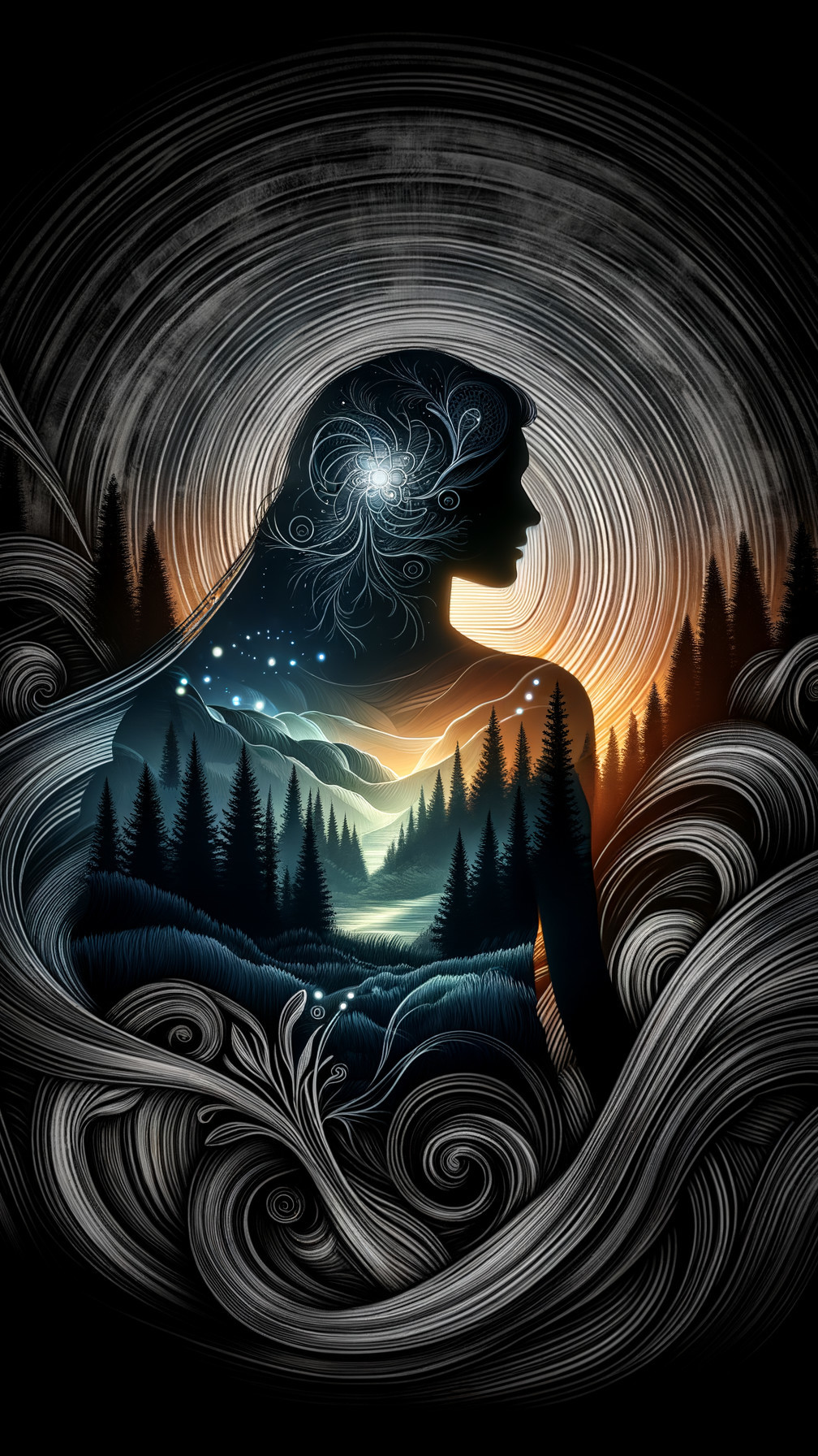 Cosmic Landscape Silhouette of a Woman with Nature