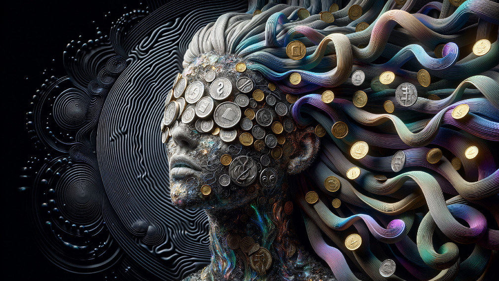 Abstract Human Head with Coins and Colorful Hair