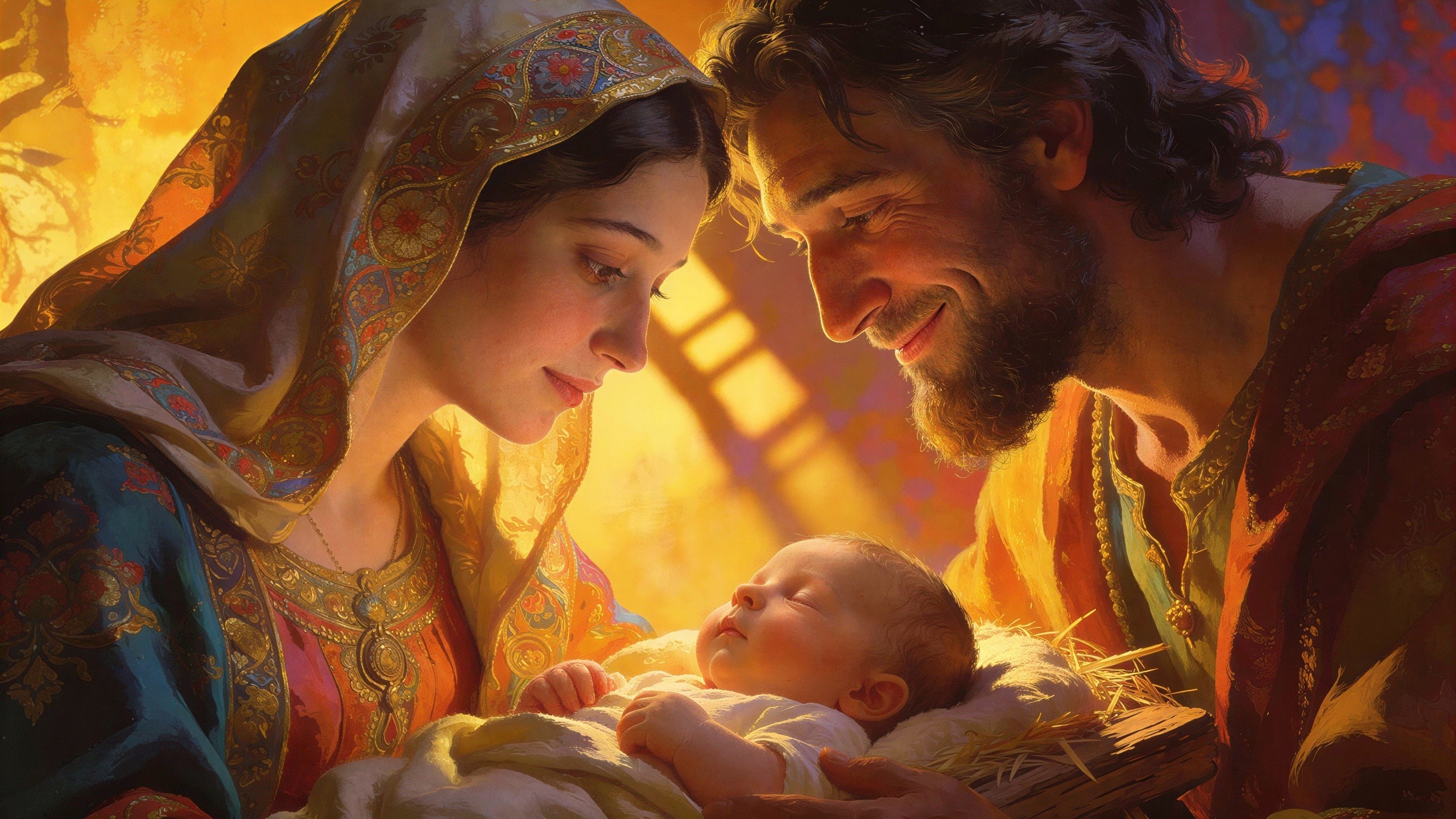 Vibrant Oil Painting of the Nativity Scene