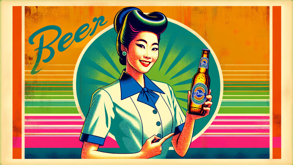 Vibrant Retro Illustration of Cheerful Woman with Beer