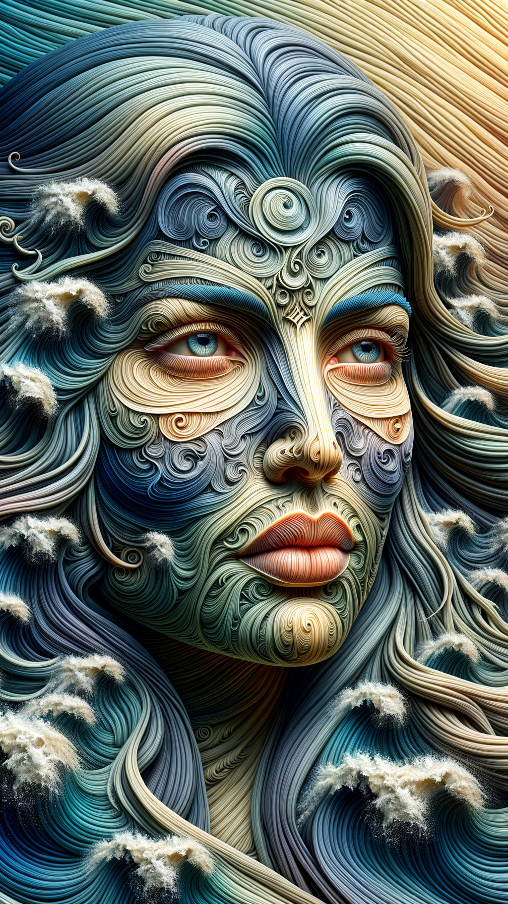 Intricate Woman's Face Blending with Ocean Waves
