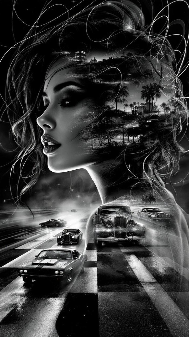 Black and white double exposure of woman and cityscape