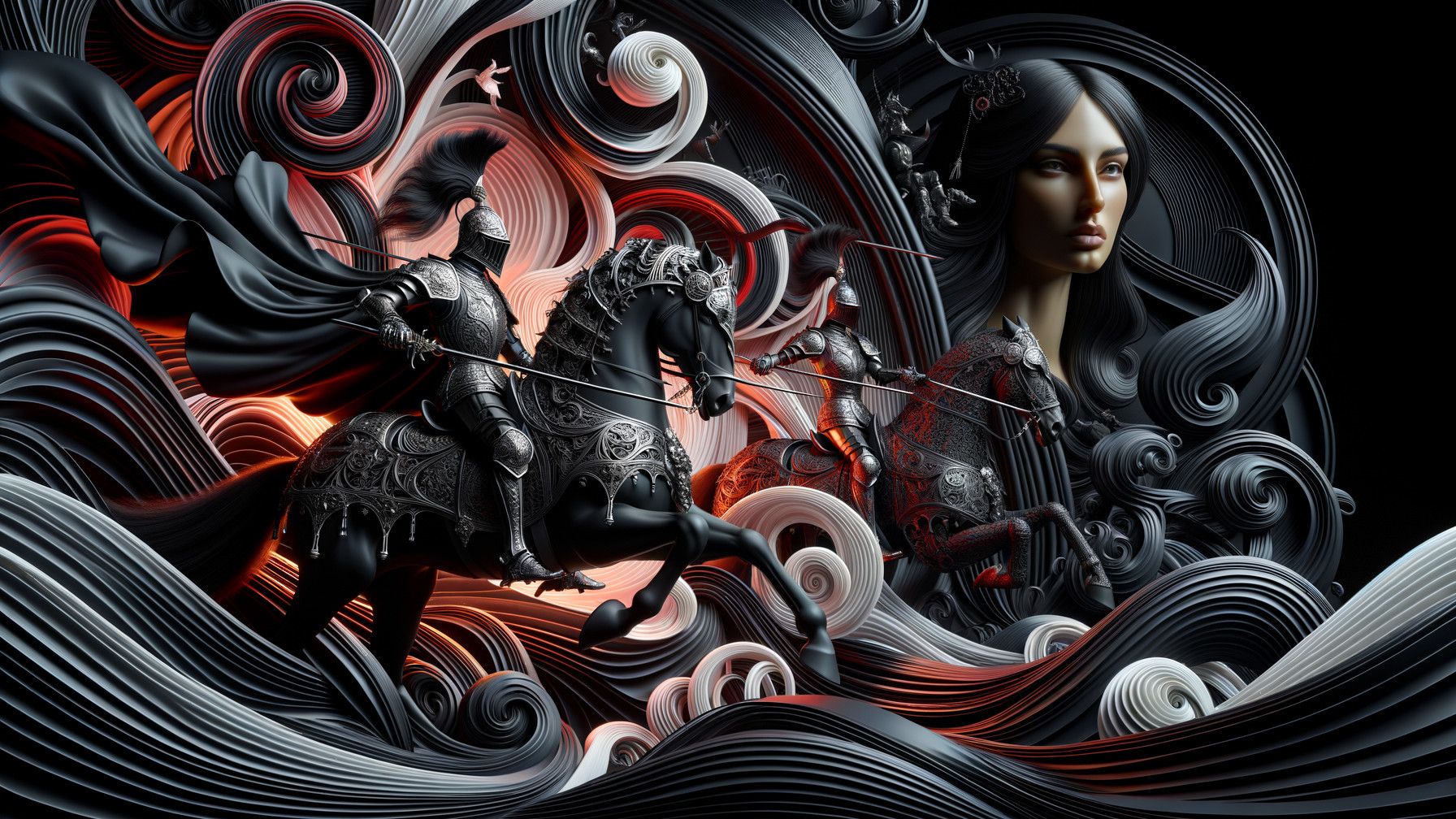 Mixed-media artwork of knights and a female figure