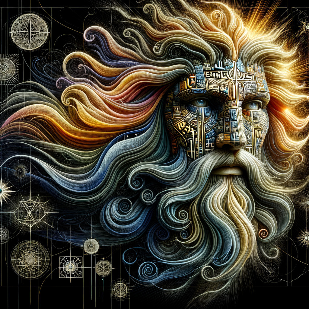 Ethereal figure with multicolored hair and patterns