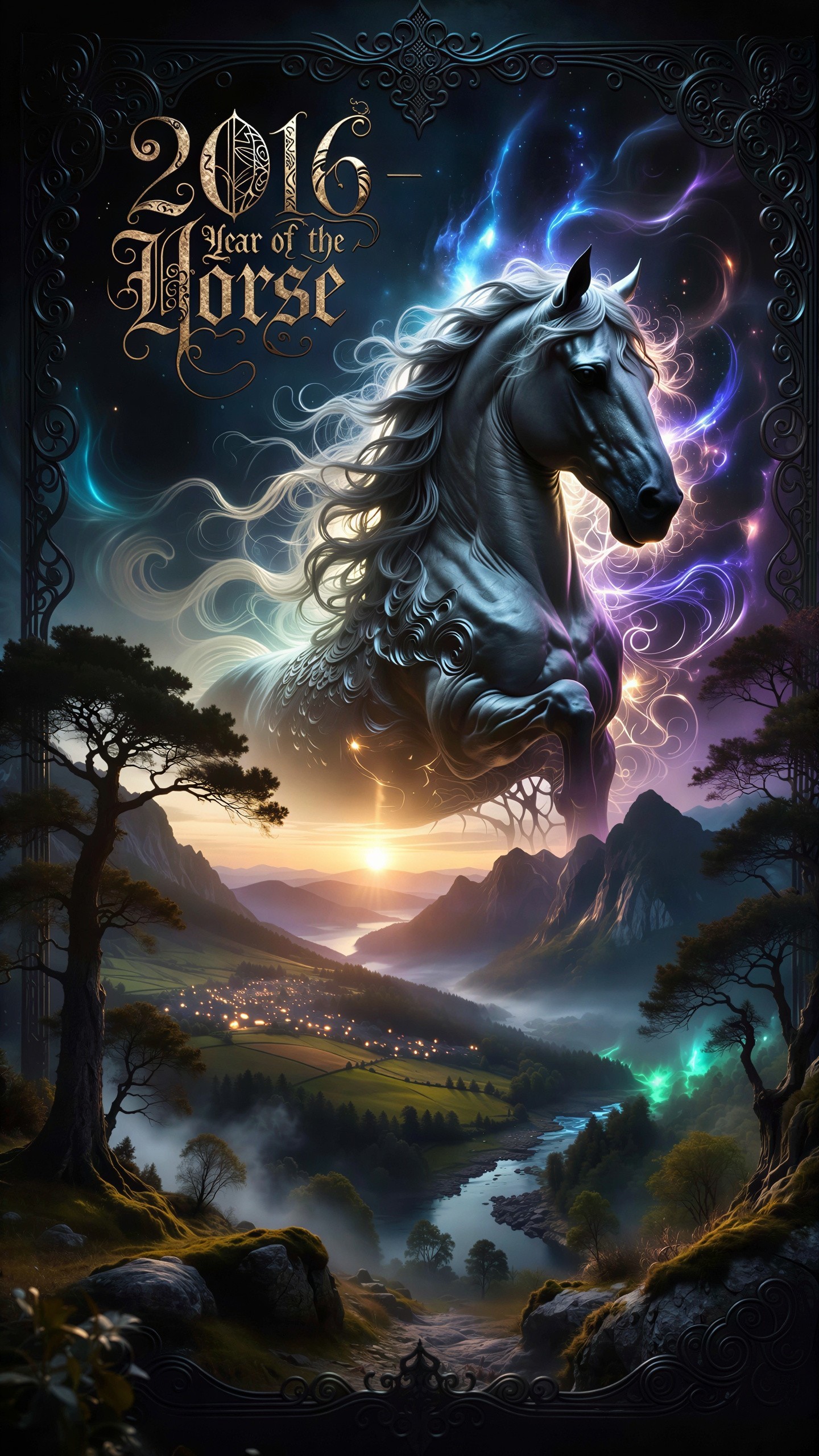 Cosmic Horse in Starry Sky Over Serene Landscape