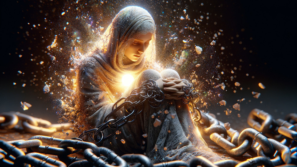 Digital painting of a person in a gray hooded cloak