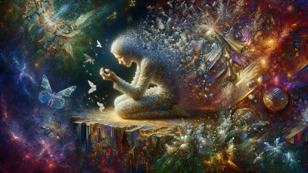 Ethereal Figure Surrounded by Colorful Cosmic Patterns
