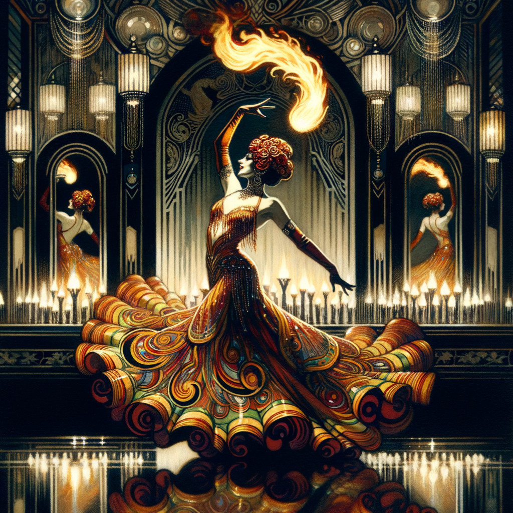Dancer in Vibrant Dress with Flame and Mirrors