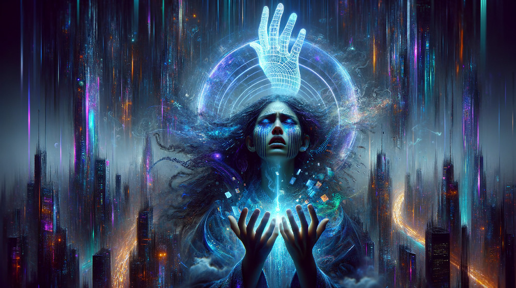 Figure in Futuristic Cityscape with Ethereal Lights