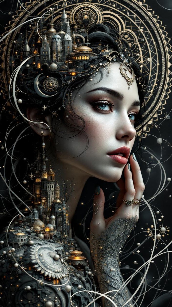 Portrait of a Woman with Tattoos and Cityscape Hair