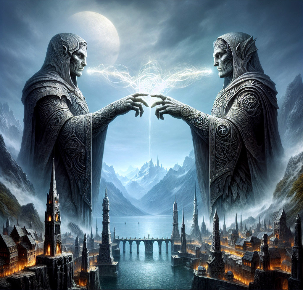 Stone Figures in Mystical Landscape with Moonlit Lake