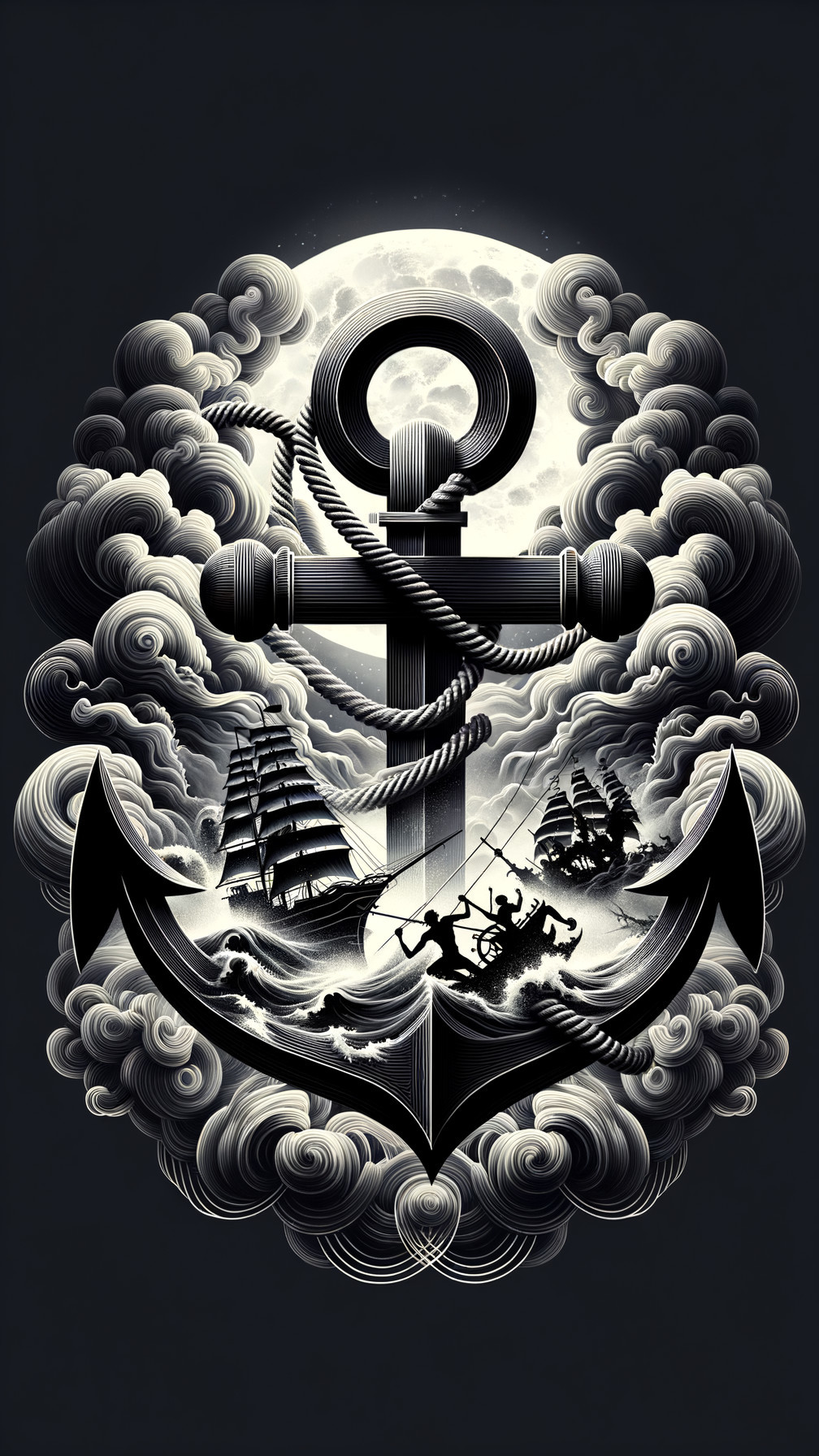 Monochromatic Maritime Scene with Anchor and Ships