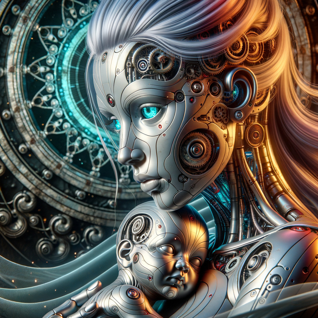 Futuristic Metallic Woman with Robotic Child in Design