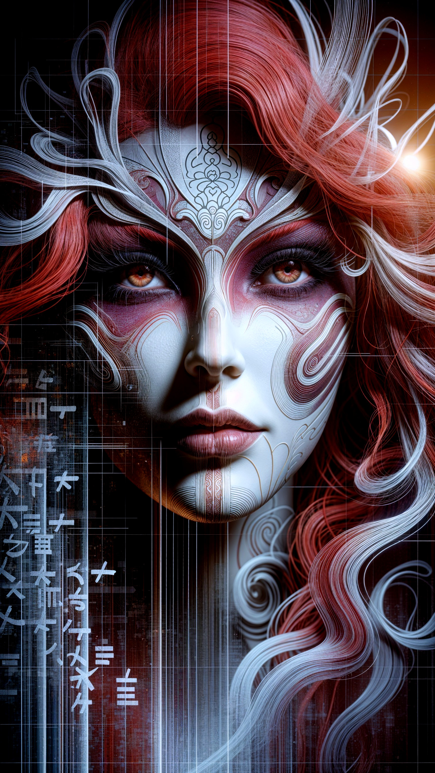 Portrait of a Woman with Intricate Facial Paint and Hair