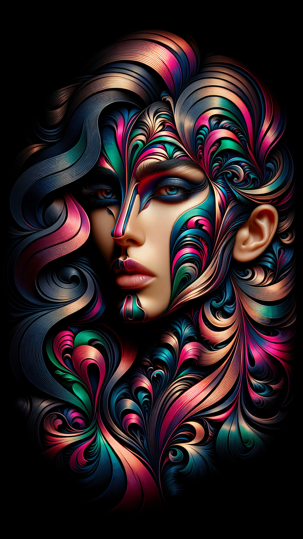 Artistic portrayal of a woman's face with patterns
