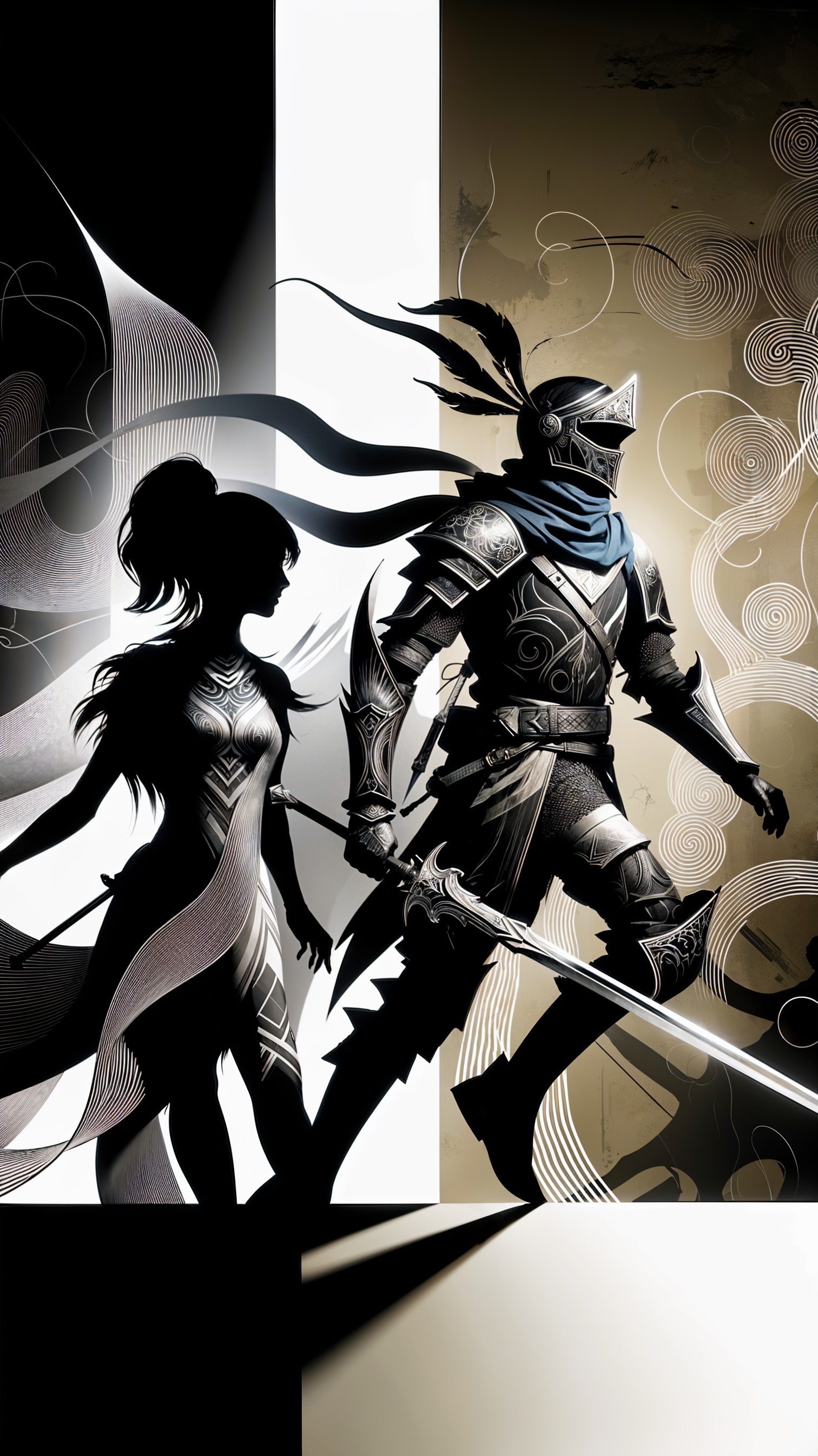 Silhouette of Warrior and Female Figure in Armor