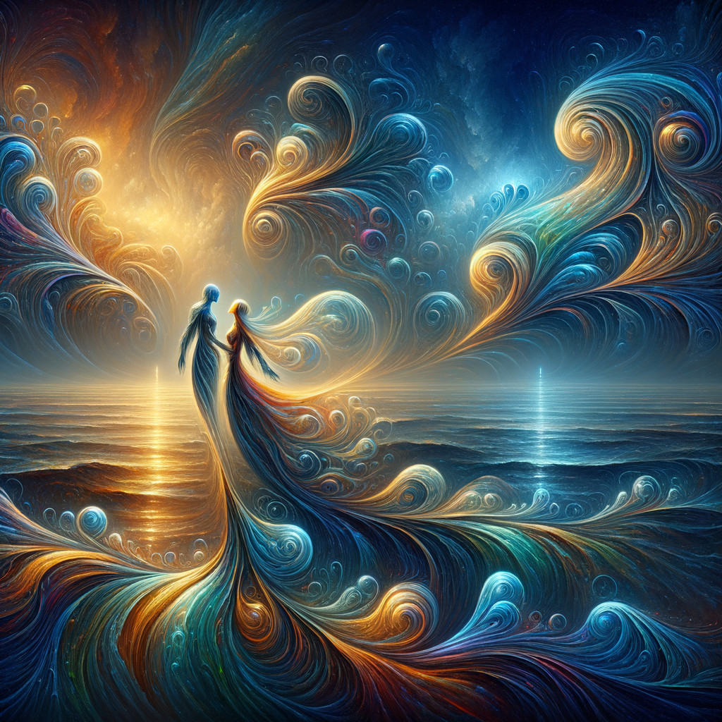 Ethereal Figures Against a Colorful Ocean Background