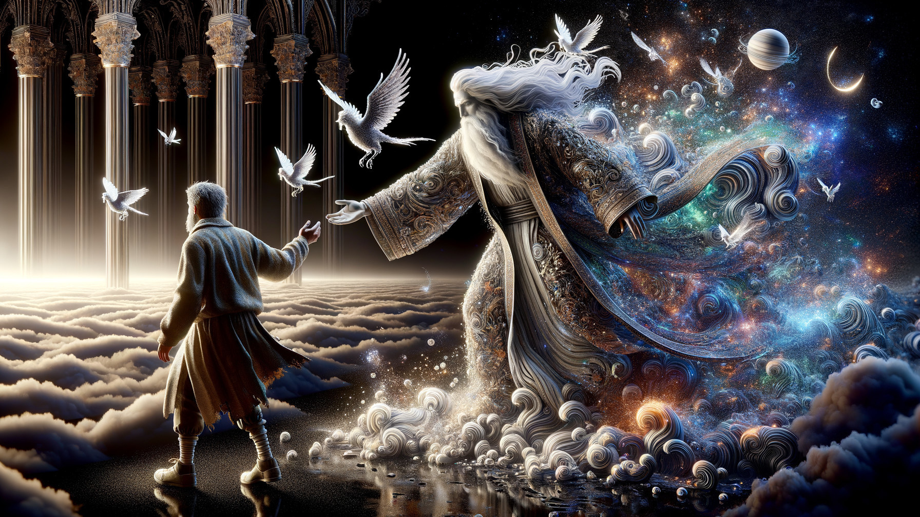 Cosmic Figure in Celestial Setting with Doves and Clouds