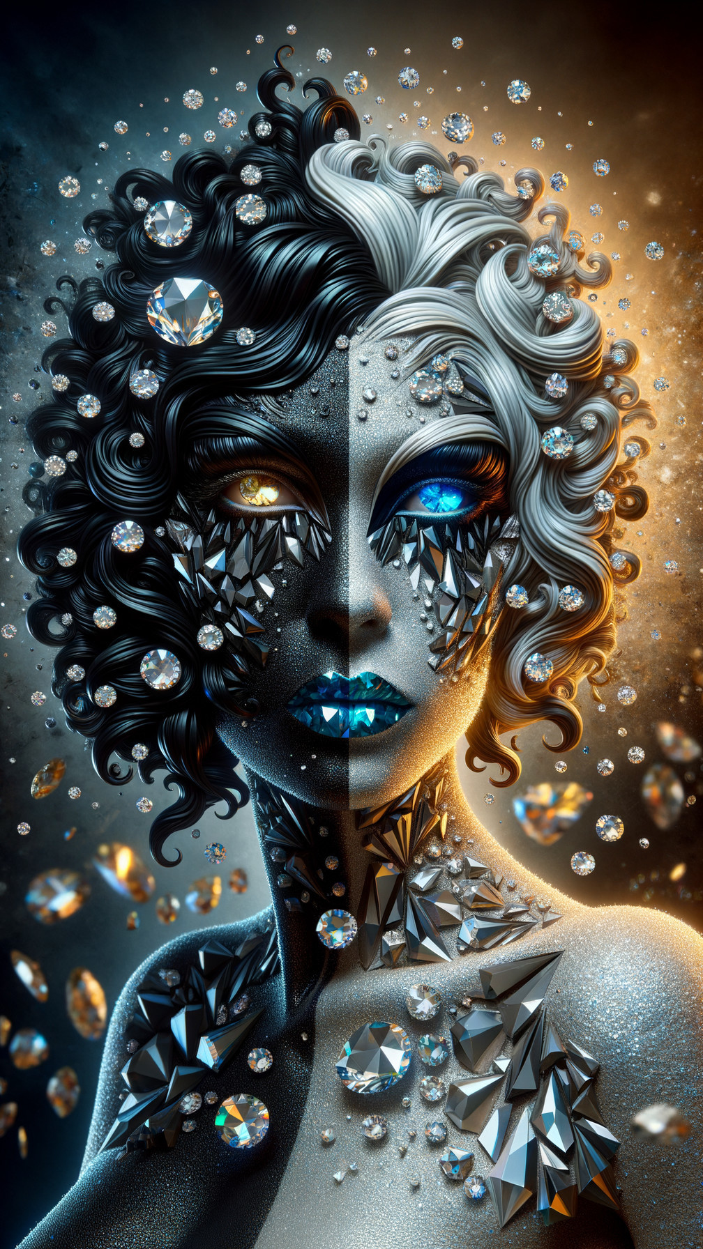 Artistic Split-Faced Figure with Diamonds and Crystals