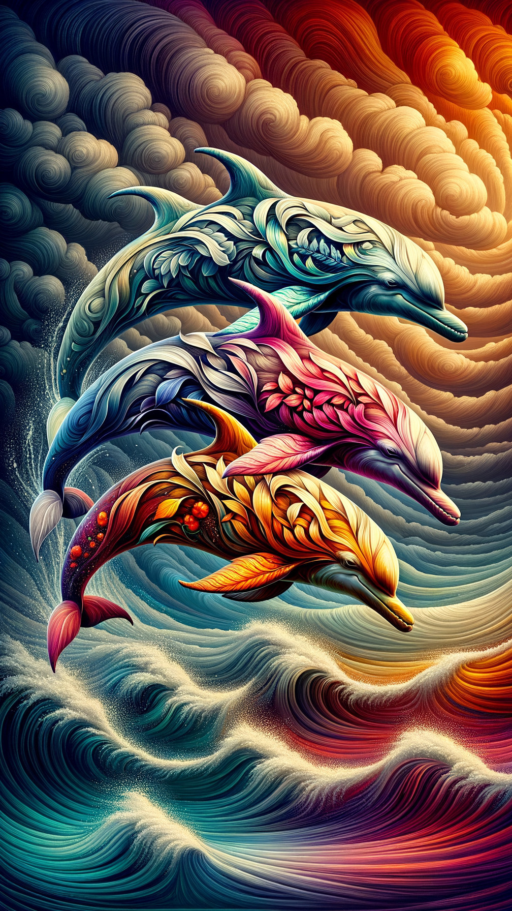 Stylized Dolphins Leaping Through Colorful Waves