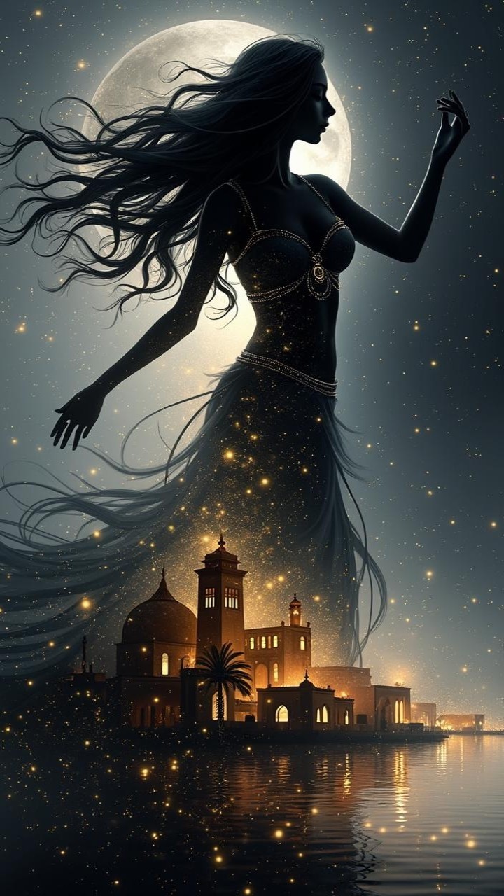 Mystical Woman Silhouette Against Moonlit Cityscape