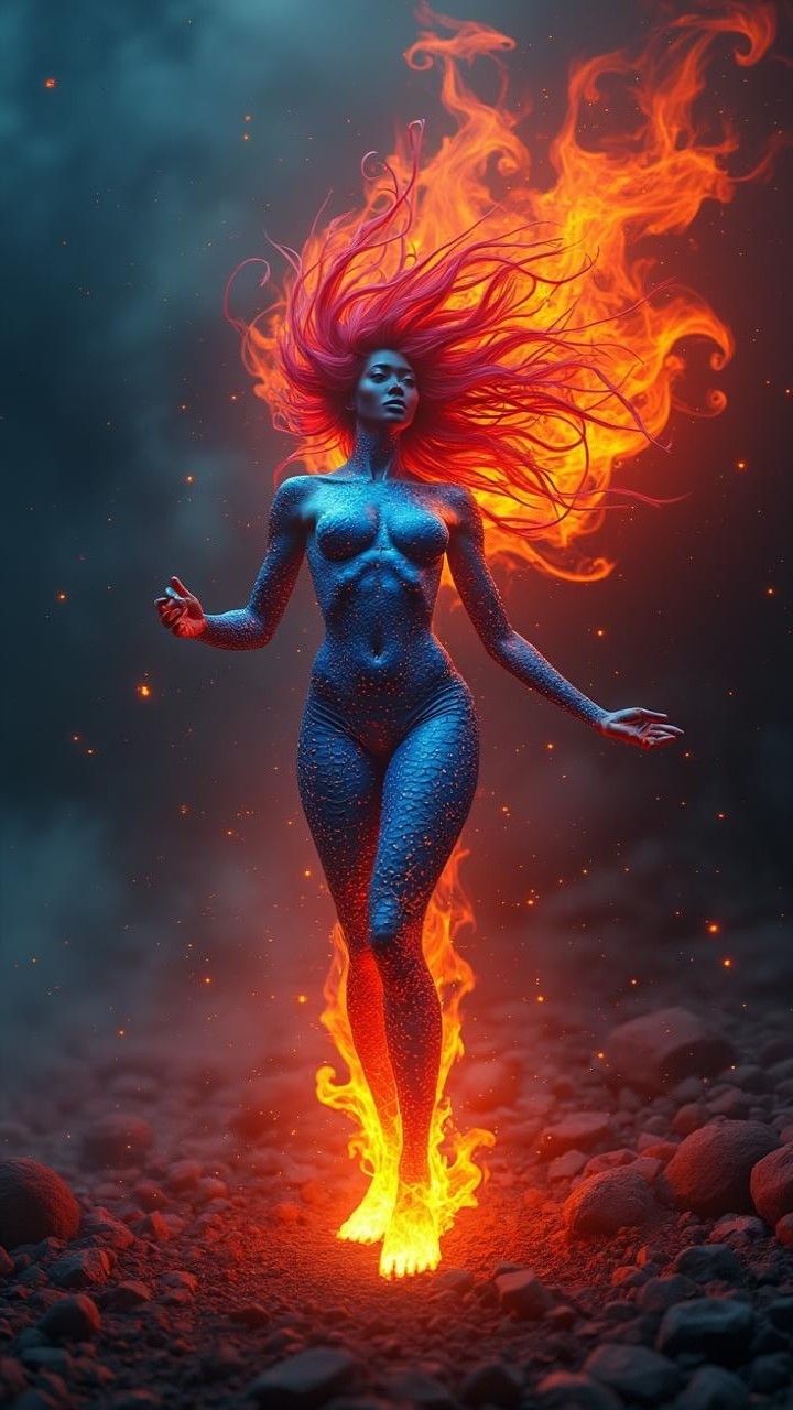 Ethereal figure with fiery hair and blue-scaled skin
