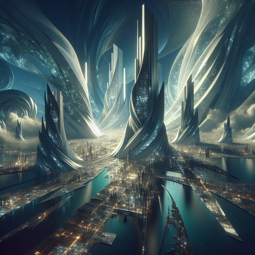 Futuristic Cityscape with Spiraling Structures and Waterways