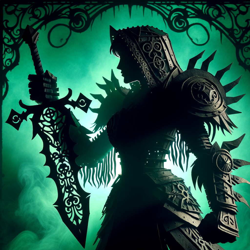 Silhouette of a Warrior in Ornate Armor and Fog