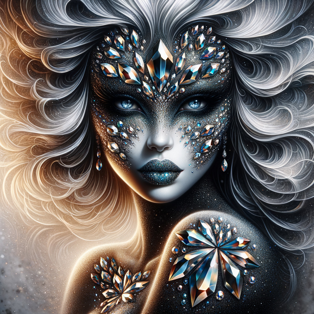 Ethereal figure with crystal embellishments and silver hair