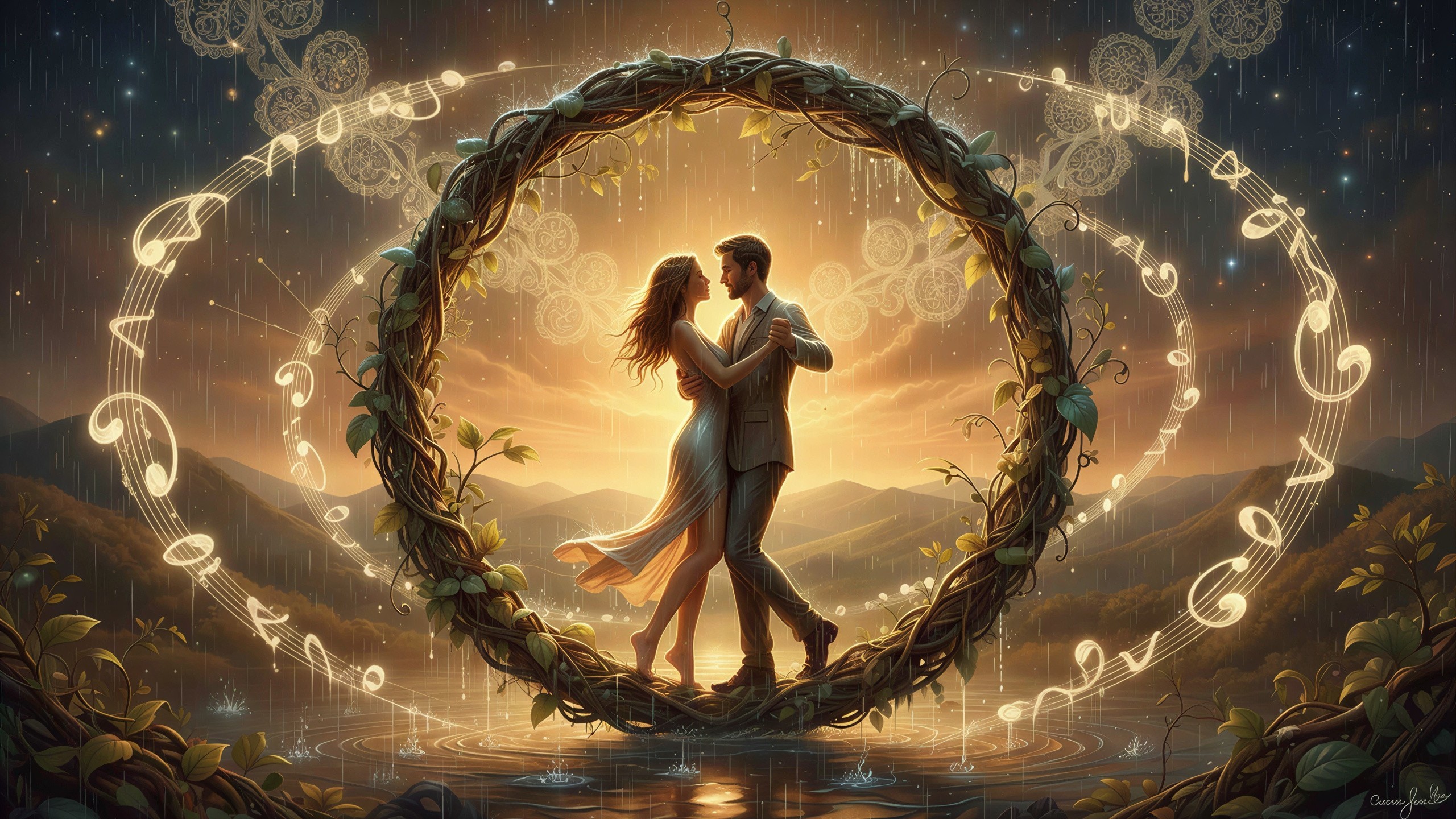 Couple Dancing Under Sunset on Wreath Arch