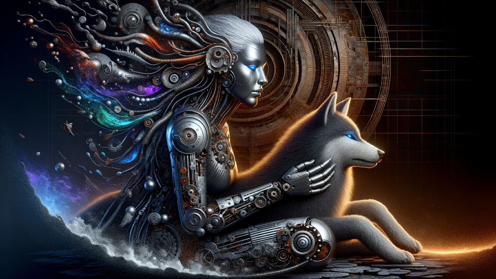 Futuristic Android and Mechanical Wolf in Sci-Fi Setting