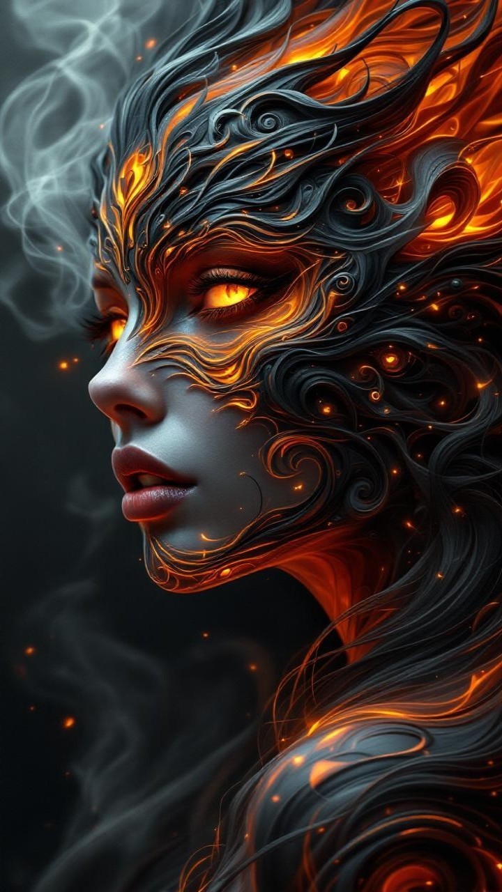 Striking Female Face with Patterns and Flames