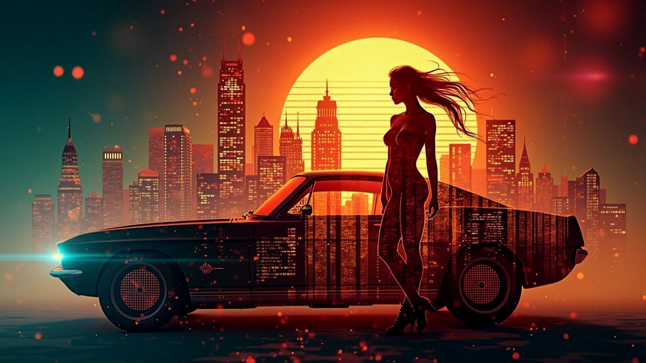 Silhouette of Woman by Classic Car at Sunset