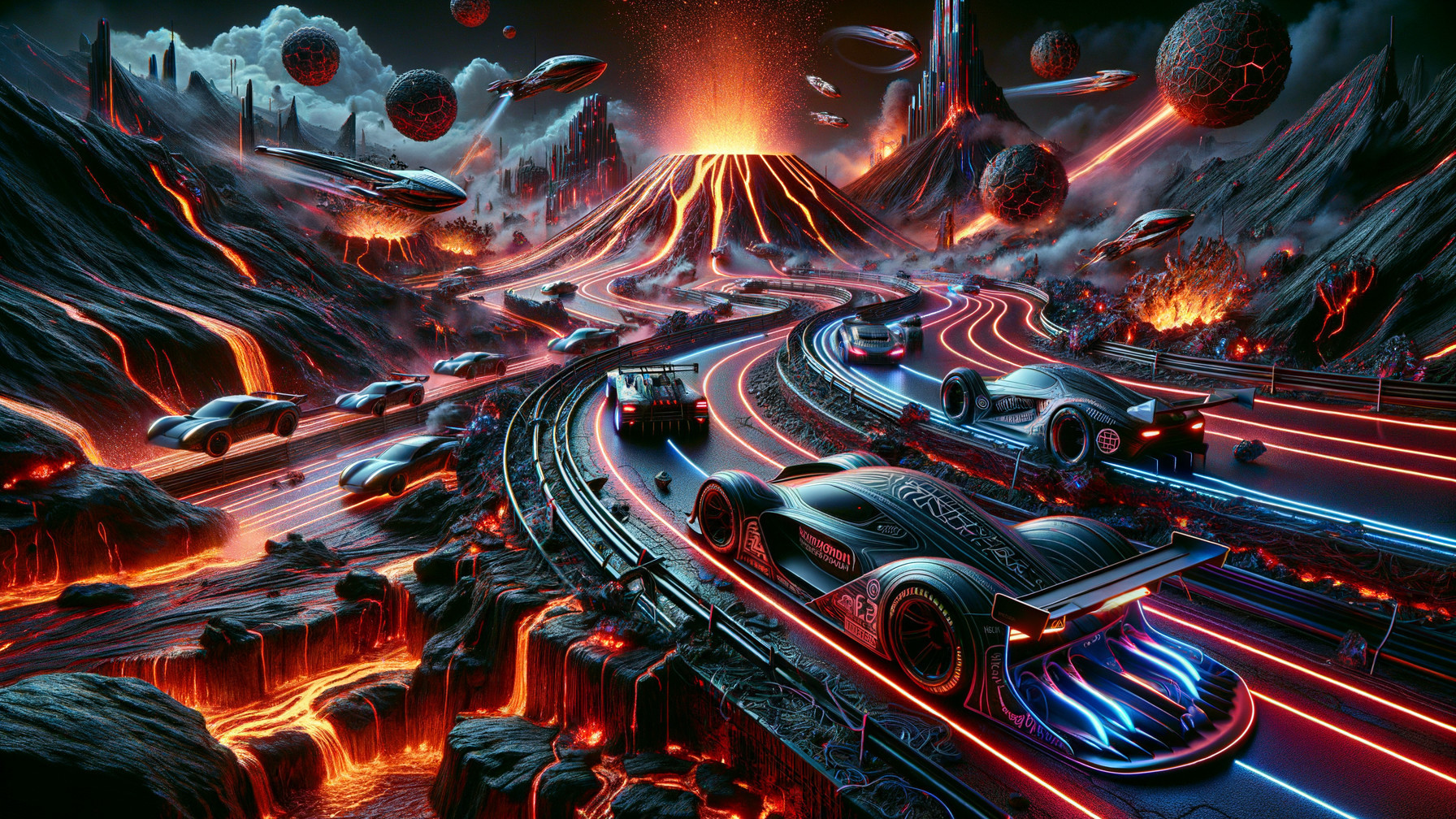 Futuristic landscape with neon cars and volcanic eruptions