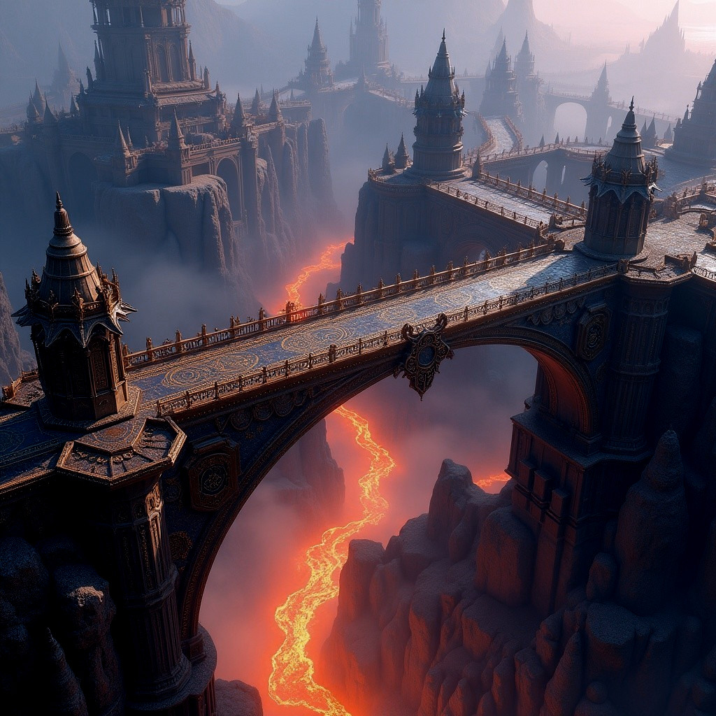 Fantasy Landscape with Castles and Lava River