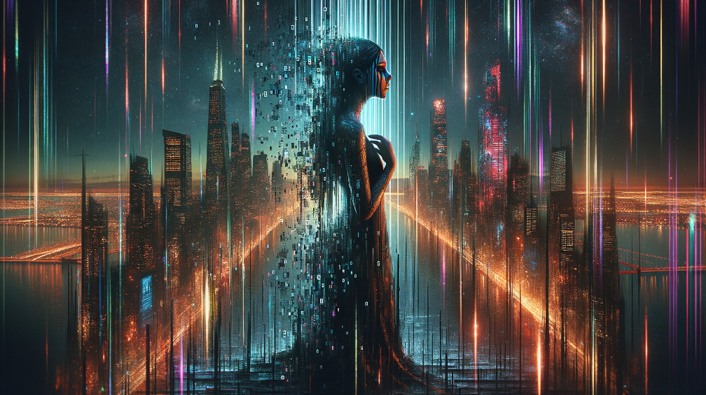 Futuristic cityscape with vibrant lights and digital themes