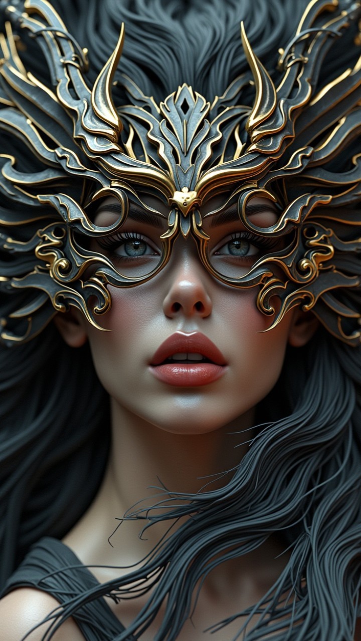 Striking Woman with Dramatic Gold and Black Mask