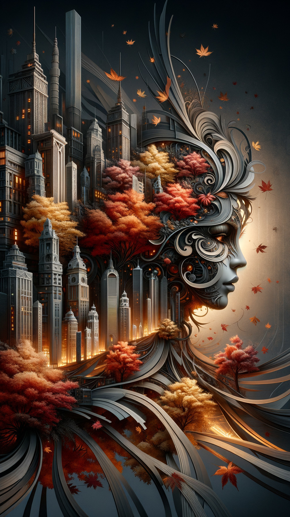 Surreal Cityscape with Ethereal Female Figure and Nature