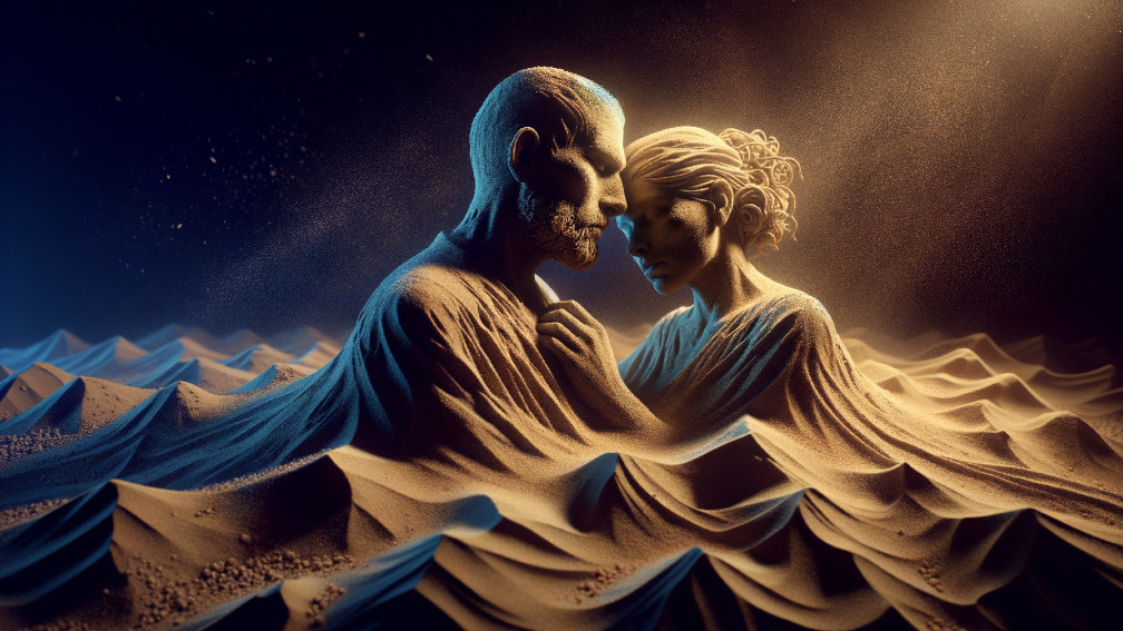 Intricate Sand Sculpture of Two Figures in Dunes